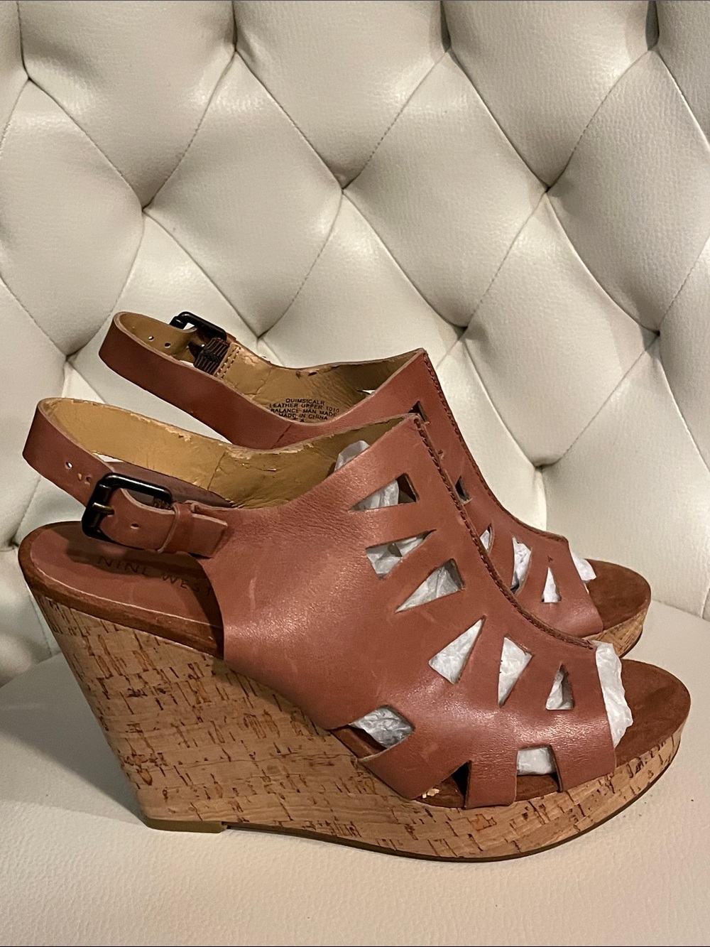 Nine West Brown Leather Cutout Cork Wedge Sandals Size 8 Beautiful - Picture 3 of 9